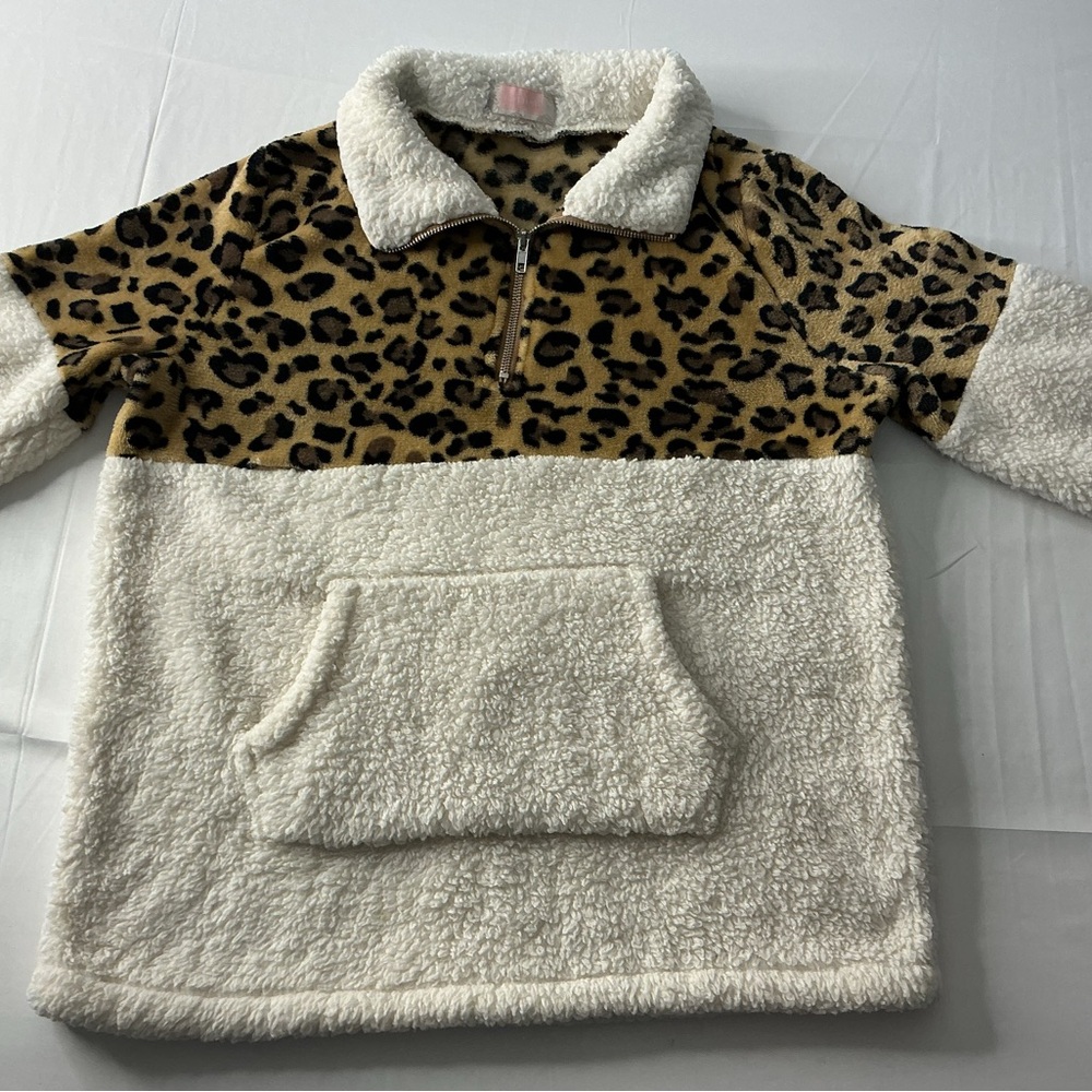 Kids Fleece Jacket with Leopard Print and Cream Design